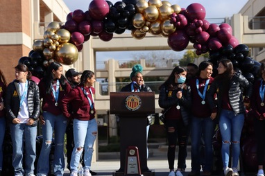 Team Captain and First Team All-American thanks her coaches and fellow players during a Dec. 9 recognition rally on Hartnell's Main Campus.